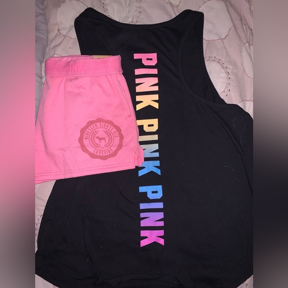VS Pink 2 Piece SET Foldover Waist Short & Black RAINBOW Gradient Racerback Tank - Picture 1 of 10